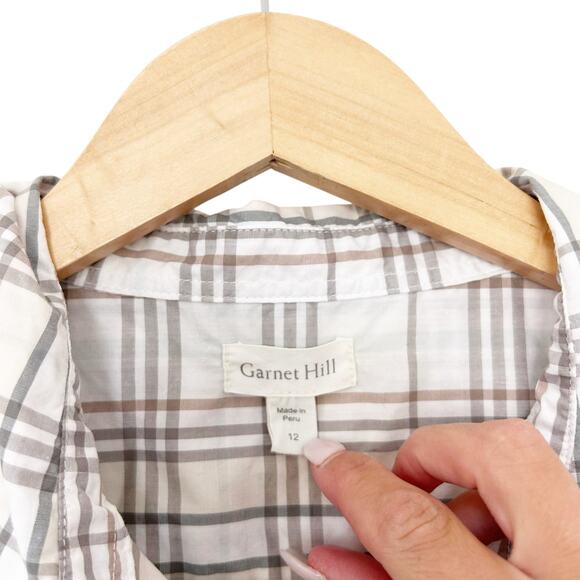 Garnet Hill White Tan Plaid Organic Pima Long Sleeve Button Down Sz 12 - Picture 3 of 5